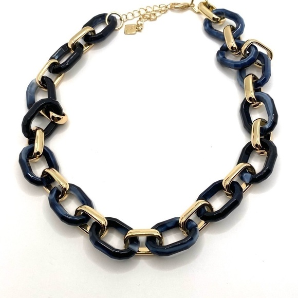 Park Lane Necklace Chunky Dark Blue Marbled Gold Tone Statement New Roman - Picture 2 of 9